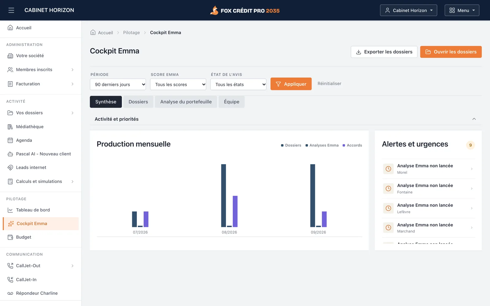 Le Cockpit Emma : filtres par période, score et état, production mensuelle et alertes du portefeuille